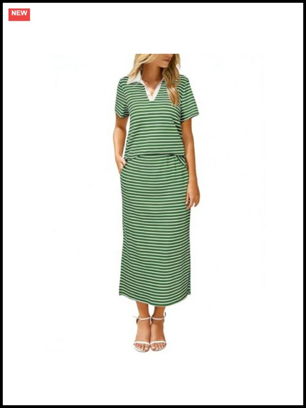Women Striped Two Piece Skirt Set Lounge Outfit Maxi Skirt with Pockets